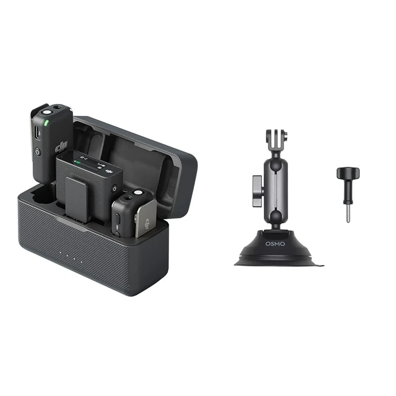 DJI Mic (2 TX + 1 RX + Charging Case), Wireless Lavalier Microphone, 250m (820 ft.) Range & Osmo Action Suction Cup Mount