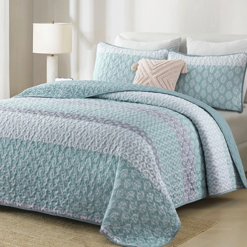 Aqua Quilt Set King Size Boho Striped Bedspread Lightweight Soft Microfiber Bedding Set 110"x90" (3 Pieces)