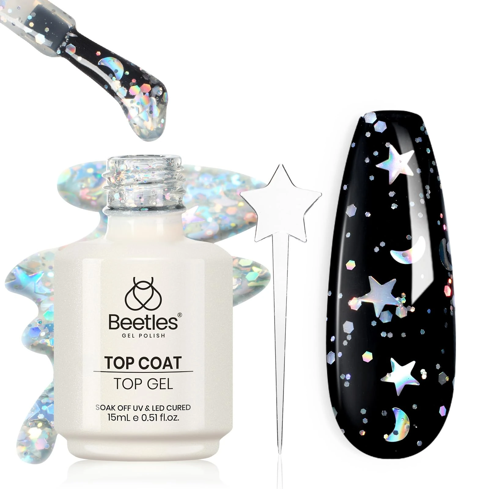 beetles Gel Polish 2 In 1 Silver Glitter Top Coat 15 ML No wipe Stars Moon Halo Top Coat Soak Off UV Uv Led Gel Nail Polish Long Lasting Highly Shine Manicure Art Decoration Supplies