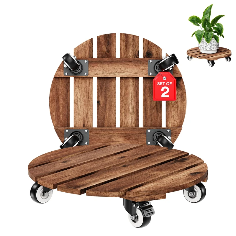 IDZO 2pack Wood Plant Caddy With Wheels Heavy Duty Red Brown, 264 Lbs Capacity, 12 Inch Acacia Hardwood Plant Dolly, Plant Stand with 360° Lockable Wheels for Plant Pots, Heavy Objects Hauling