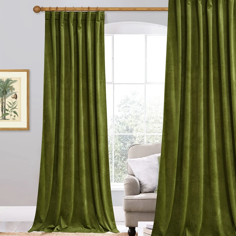 StangH 108 inches Olive Green Velvet Curtains Room Darkening Privacy for Bedroom, Luxury Christmas Backdrops for Party Thick Panels Elegant Decor for Room Dividers, W62 x L108, 1 Panel