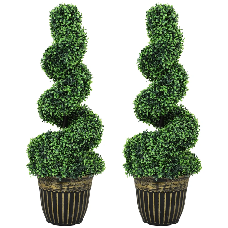 HOMCOM Set of 2 Decorative Artificial Plants Topiary Spiral Boxwood Trees in Pot, Fake Plants for Home Indoor Outdoor Decor, 90cm, Green