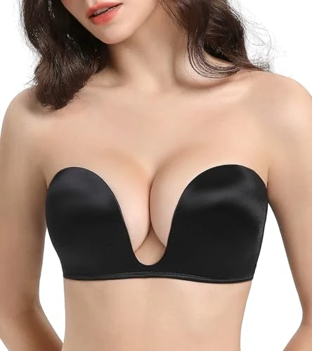 Lemorosy Women's Plunge Strapless Bra Deep U Push Up Everyday Underwire