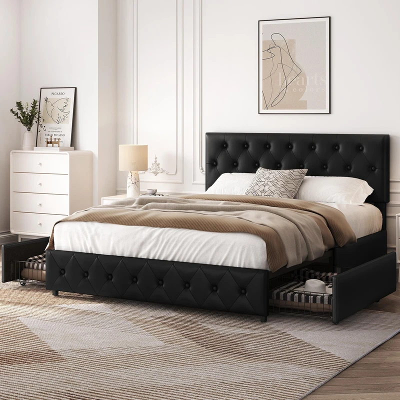 Yaheetech 5ft King Bed Frame Upholstered Platform Bed with Adjustable Diamond Button-Tufted Headboard and 4 Drawers Storage/Sturdy Wood Slat Support/No Box Spring Needed,Black King Bed