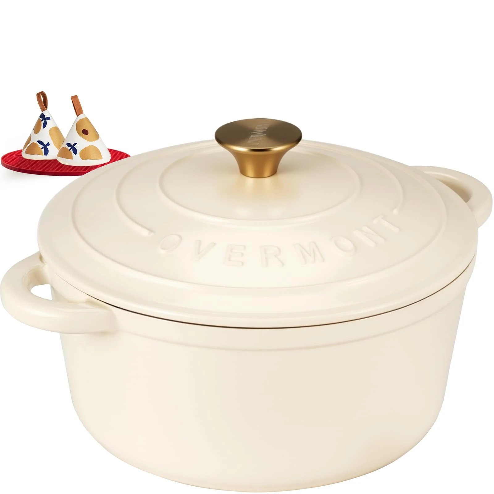 Overmont 26cm/5.2L Enamelled Cast Iron Round Casserole Pot With Lid Cookbook & Cotton Potholders - Non-stick Dutch Oven Cookware for Braising, Stews, Roasting, Bread Baking - Cream white, 5.5QT