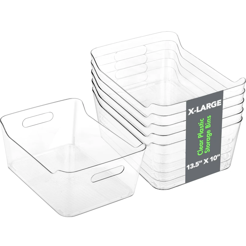 Tiawudi 6 Pack Plastic Storage Bins, Extra Large Pantry Organizer, 13.5" x 10" Clear Storage Containers and Organizer Bins, Multi-Use Bins for Home, Kitchen, Closet and Cabinet