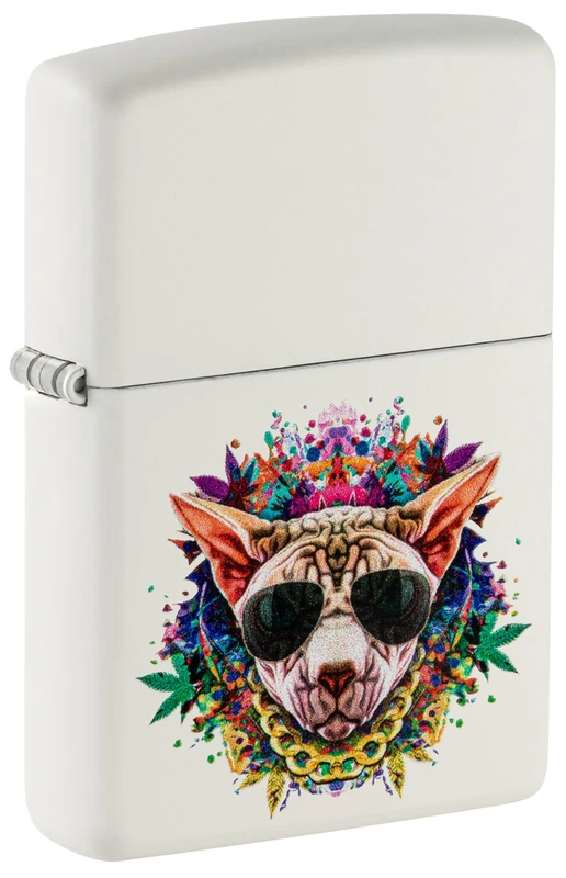 Zippo Windproof Lighter - Cannabis Cat Design - White Matte Finish with Colour Image - Refillable - Reusable - Windproof Design - Gift Box - Made in USA