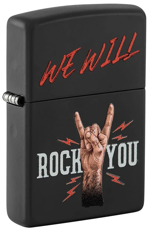 Zippo Windproof Lighter - We Will Rock You - Black Matte with Colour Image - Refillable - Reusable - Windproof Design - Gift Box - Made in USA
