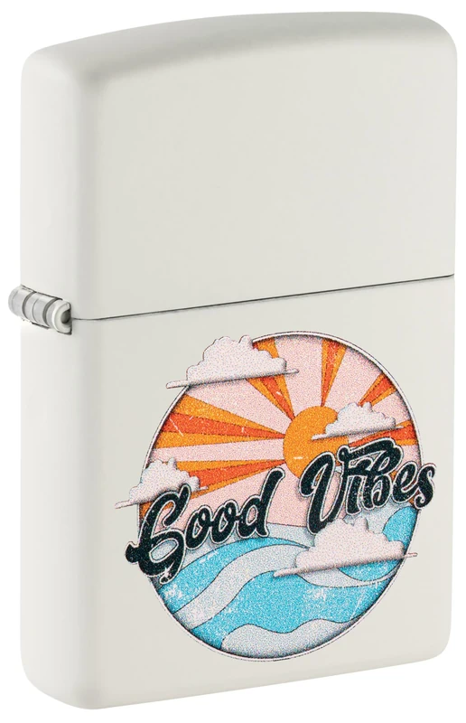 Zippo Windproof Lighter - Good Vibes Model - White Matte Finish with Colour Image - Refillable - Reusable - Windproof Design - Gift Box - Made in USA