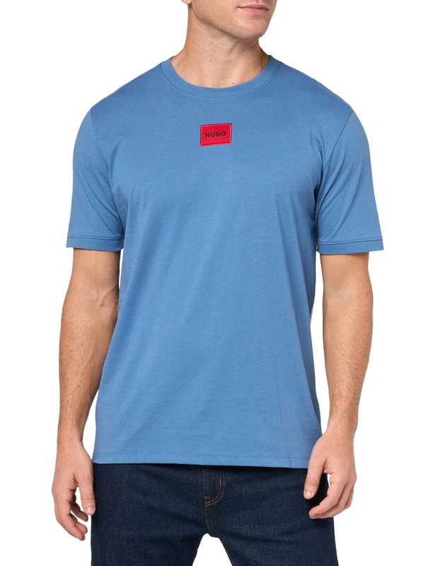 HUGO Men's Ribbed Crew Neck Regular Fit Center Logo T-Shirt, Blue Explorer, Medium