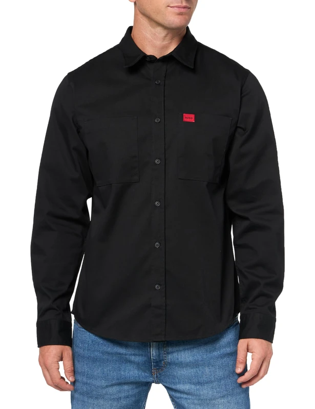 Hugo Men's Cotton Twill Woven Logo Button Down Shirt, Black Currant, XL