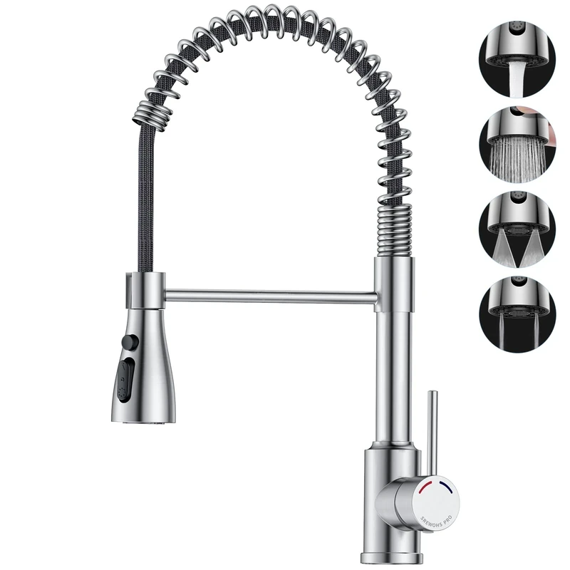 SREWOHS PRO Kitchen Tap,Kitchen Sink Mixer Taps with Pull Down Spray Head, 360°Swivel Spout with 4 Modes, Single Lever Stainless Steel Spring Bar Faucet for 1 Hole Sink,No Plumber Required,Nickel