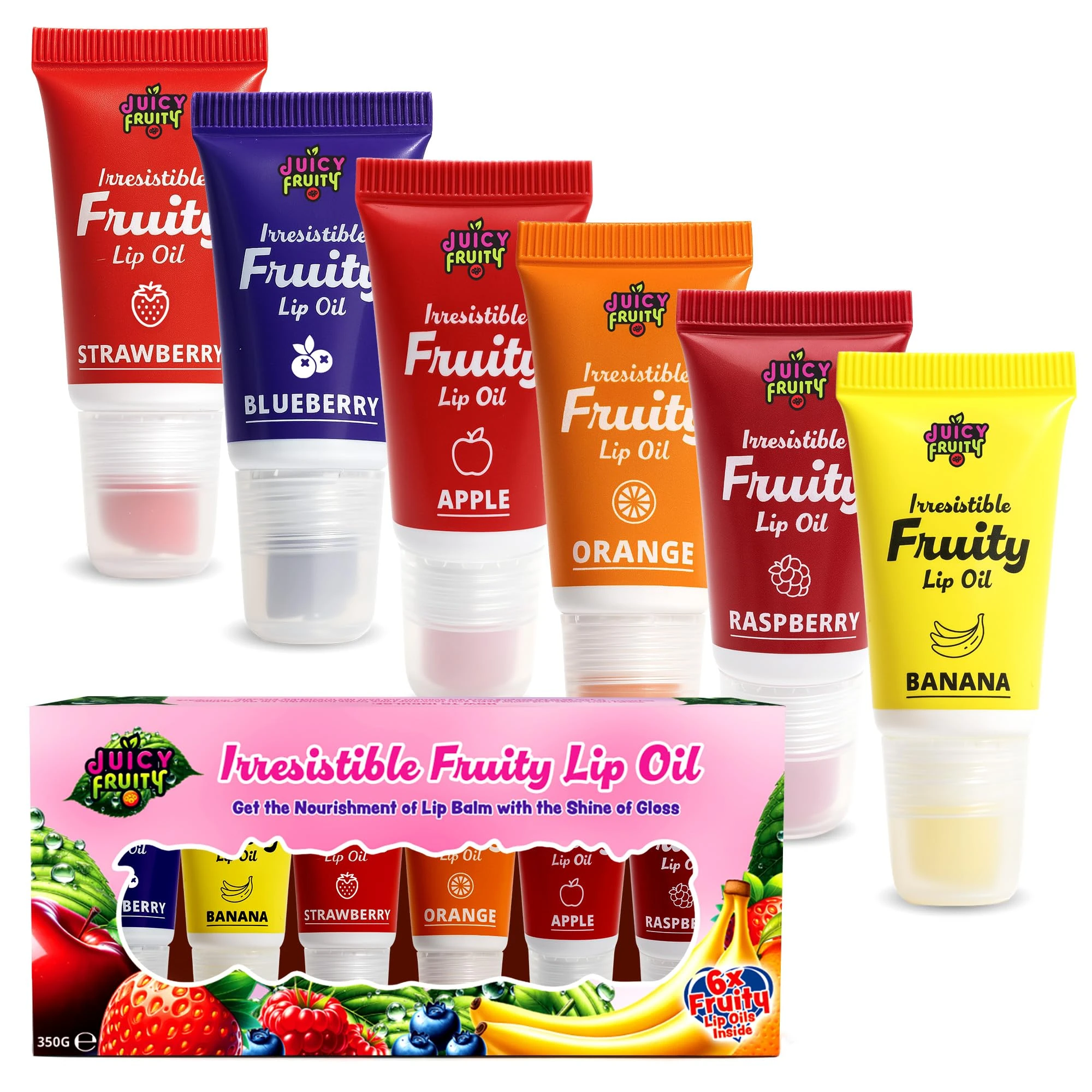 SOL 6pk Irresistible Fruity Lip Oil 8ml Each Tube – Non Sticky, Hydrating Lip Balm, Flavoured Gloss in Apple, Orange, Banana, Strawberry, Blueberry, & Raspberry for Soft, Smooth Lips, Kissable Results