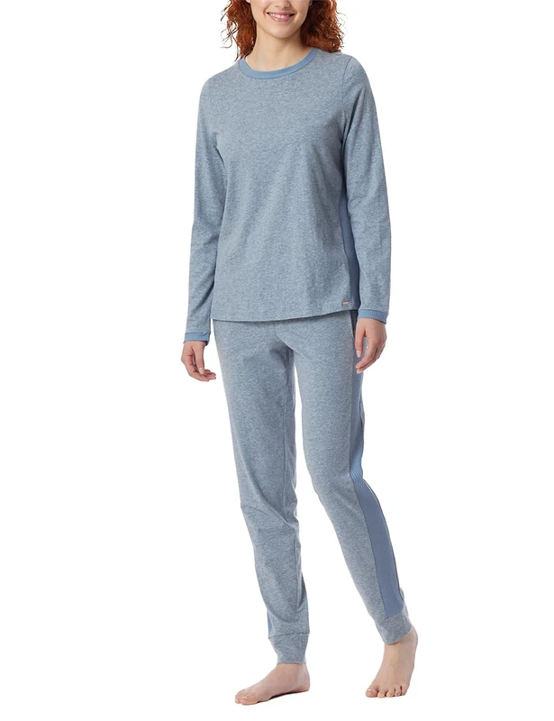 Schiesser Women's Long Cotton Pyjamas-Nightwear Pajama Set, Jeans Mel_181242, 22