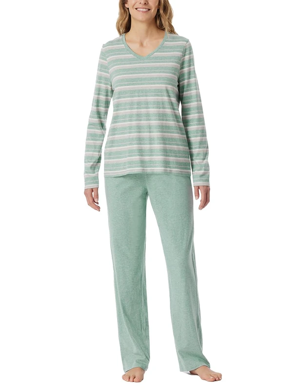 Schiesser Women's Long Cotton Pyjamas Nightwear, Green-Mel._181756, 10