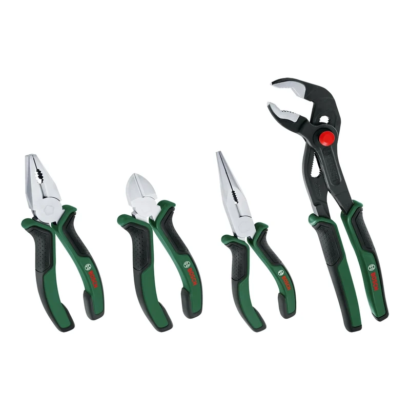 Bosch Pliers Set 4-Piece (4X Precise, Long-Lasting Diagonal Side Cutter, Combination and Long-Nose and Water Pump Pliers for Robust Multitasking; Ergonomic Softgrip; Nickel-Plated Surface)