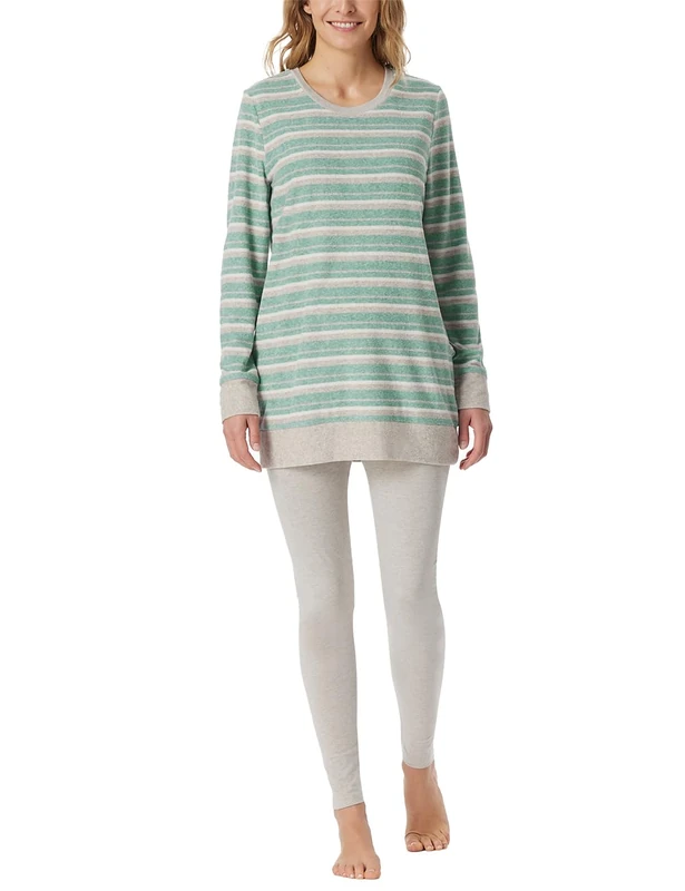 Schiesser Women's Long Terry Cloth Pyjamas Warm Cosy Feel-Good Nightwear Pyjama Set, Green-Mel._181967, UK 12