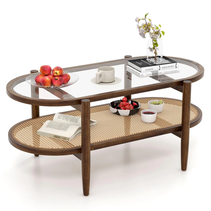 CASART Coffee Table, 2-Tier Tempered Glass Tea Table with Acacia Wood Frame & Rattan Storage Shelf, Wooden Accent Table Center Tables for Living Room Bedroom Office Balcony (Brown) - Image 1