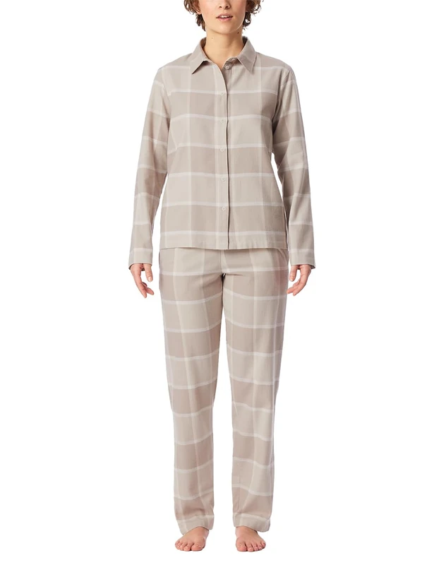 Schiesser Women's Long Pyjama Set with Button Placket Soft Cotton Selected Premium Warming Pyjama Set, Beige_181991, 22