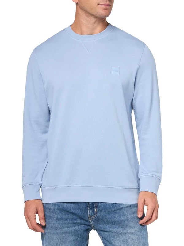 BOSS Men's Patch Logo French Terry Pullover Cotton Sweatshirt, Explorer Blue, XXL