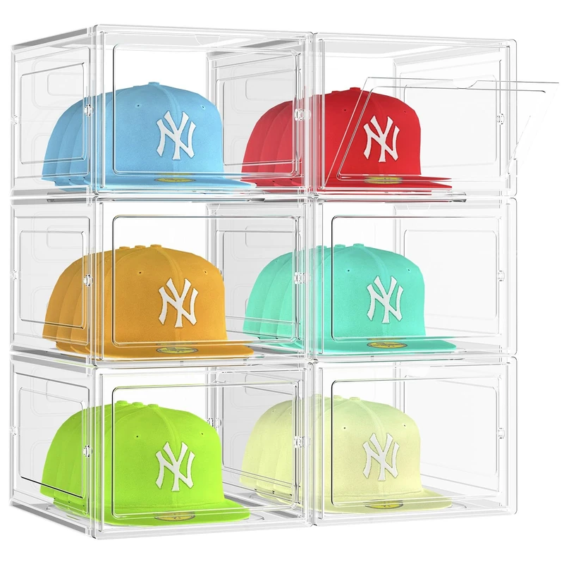 SCAVATA 6 Pack Hat Organizer Box, Stackable Clear Baseball Caps Holder Box Containers with Magnetic Door for Hats Snapback Cap Storag, Hat Rack Display Case, Holds 8 Hats Each (Clear)
