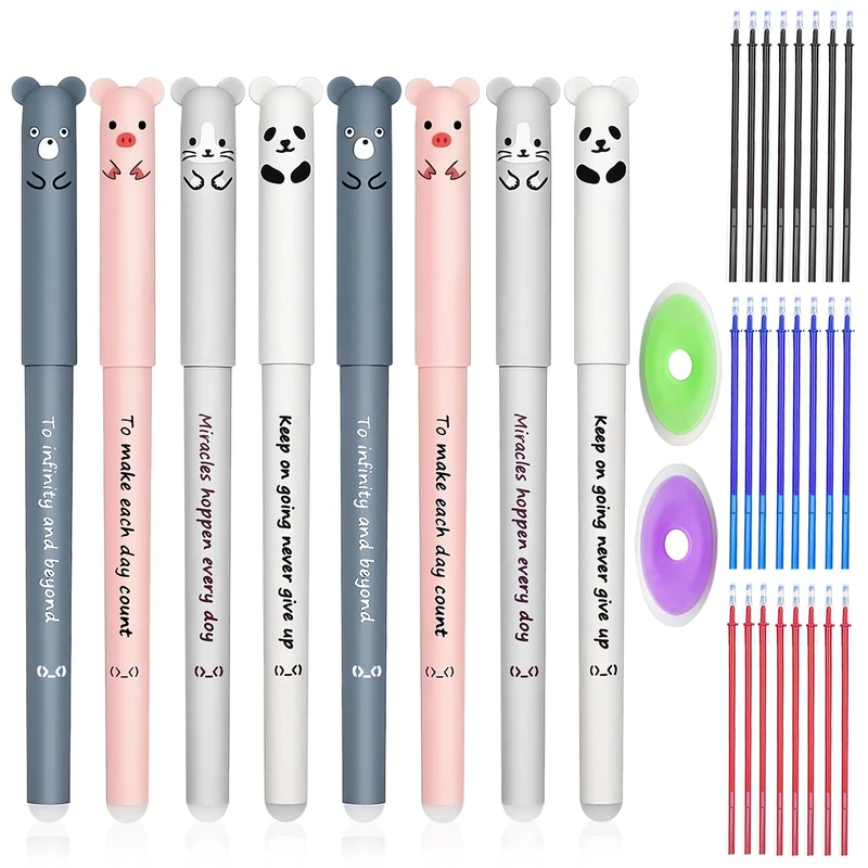 SWoob 8pcs Erasable Gel Pen 0.35mm Animal Friction Kawaii Cute Blue/Black for Office/Home/School Student Stationery with 24 Refills + 2 Erasers