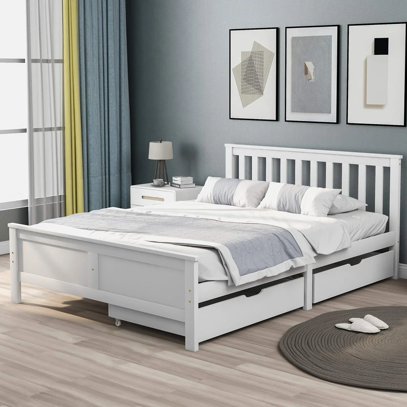 Merax Solid Wooden Double Bed | Storage Bed Frame With Drawers | Furniture Bed Frame For Adults Kids Teenagers | 135x190cm White