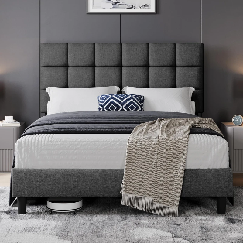 Yaheetech 5ft Bed Frame, Upholstered Headboard, Dark Gray