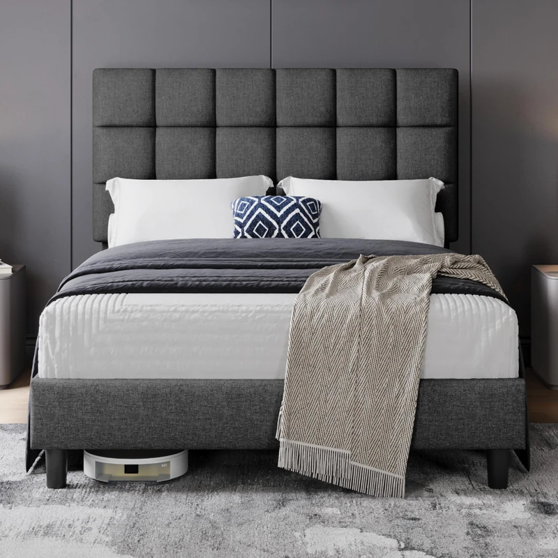 Yaheetech 4ft6 Double Bed Frame, Upholstered Headboard, Dark Grey