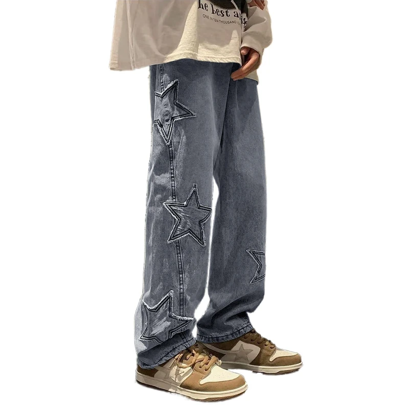 Mens Y2k Star Jeans High Waisted Hip Hop Streetwear Jeans Loose Baggy Embroidery Aesthetic Harajuku Denim Pants, Light Blue, Small