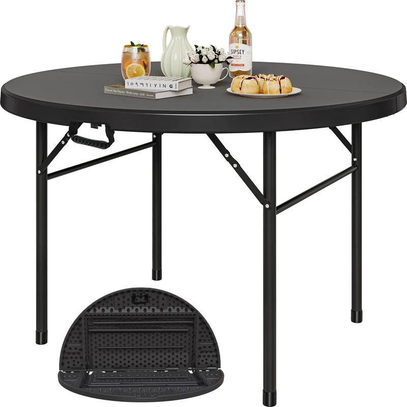 YITAHOME 122cm Round Folding Table for Outdoor/Indoor, Heavy Duty Folding Plastic Table w/Thick Table Top and Sturdy Metal Frame, Ideal for Party Picnic Camping BBQ Events, Black