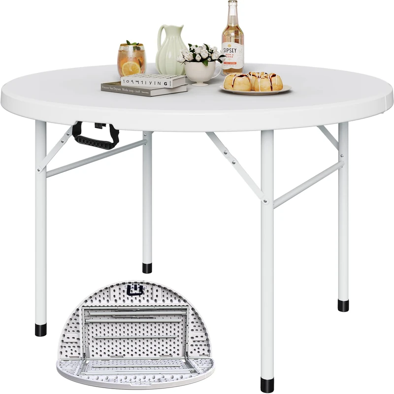 YITAHOME 122cm Round Folding Table for Outdoor/Indoor, Heavy Duty Folding Plastic Table w/Thick Table Top and Sturdy Metal Frame, Ideal for Party Picnic Camping BBQ Events, White