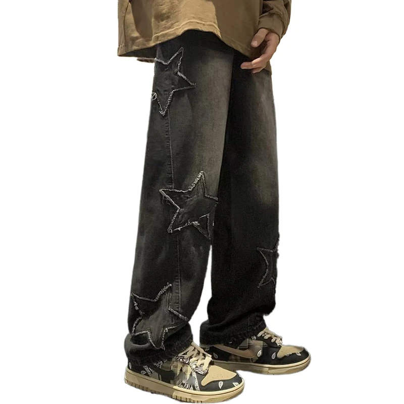 Mens Y2k Star Jeans High Waisted Hip Hop Streetwear Jeans Loose Baggy Embroidery Aesthetic Harajuku Denim Pants, Black, Small
