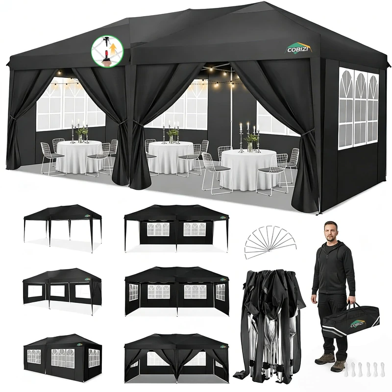 COBIZI Canopy 10x20 Pop Up Canopy with 6 Sidewalls,Waterproof Canopy Outdoor Event Shelter UPF 50+ Gazebo Portable Tents for Parties Beach Camping Wedding Commercial Instant Ez up Canopy 10x20,Black