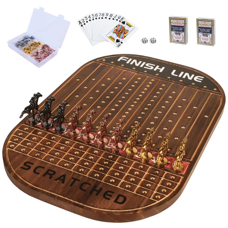 Jyquorp Horse Race Board Game Racing Game Thickened Solid Wood with 11 Luxurious Durable Classic Metal Horses with 4 Dice and 2 Boxes of Cards Horse Racing Game (Rustic Brown)