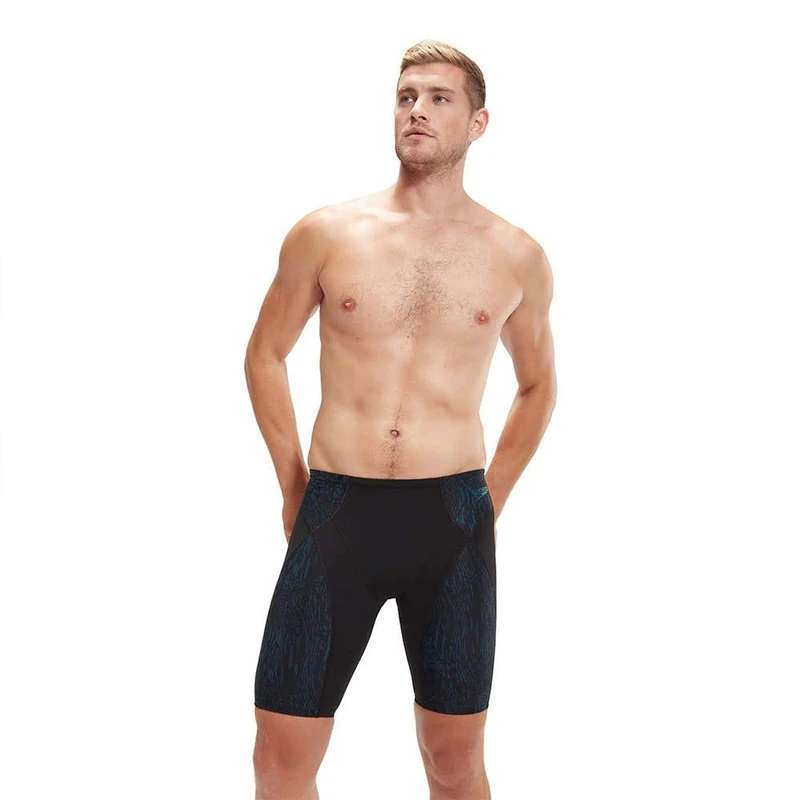 Speedo Men's End+ Max Compression Jammer | Athletic Fit | Performance Fabric, Black/Dark Teal, 26