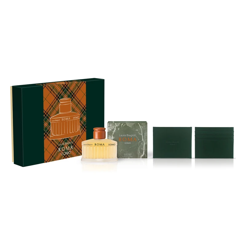 Laura Biagiotti Roma Uomo Gift Set, 2 pc - EDT Spray and Card Holder - Cologne for Men - Woody, Citrus Fragrance - Long-Lasting Scent