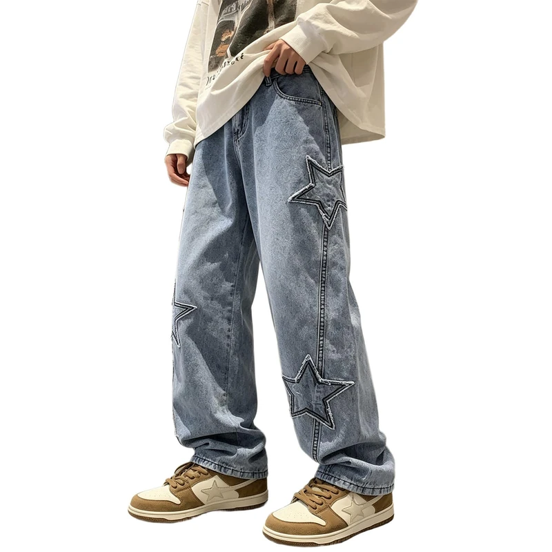 HBER Mens Y2k Star Jeans High Waisted Hip Hop Streetwear Jeans Loose Baggy Embroidery Aesthetic Harajuku Denim Pants, Light Blue, X-Large