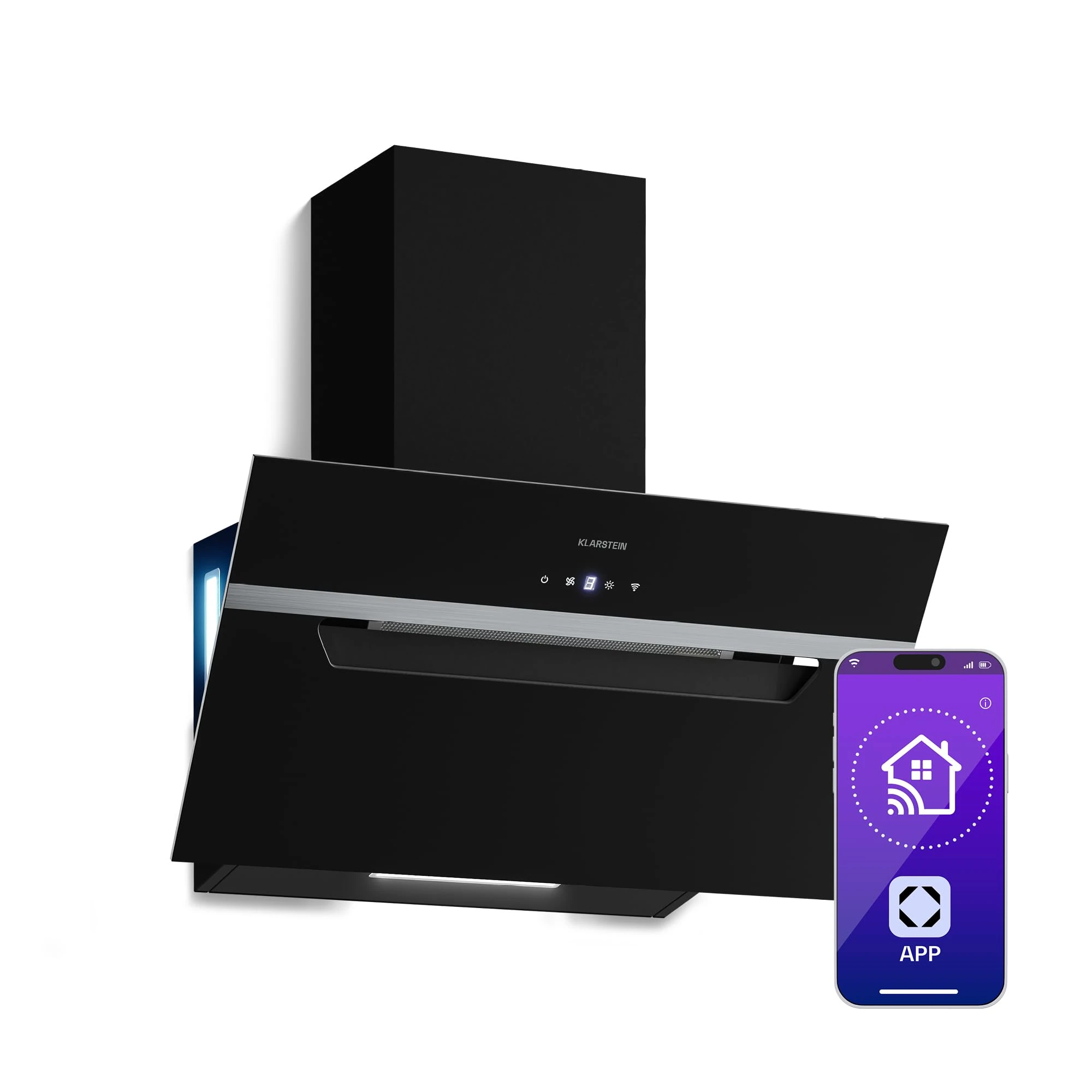 Klarstein BigBite Angled Cooker Hood - 60cm Glass, 417 m³/h Boost, A+++ Energy, LED Lighting, Touch Control, Quiet, 3+Boost Speeds, Exhaust & Recirculation, Kitchen Extractor, Black