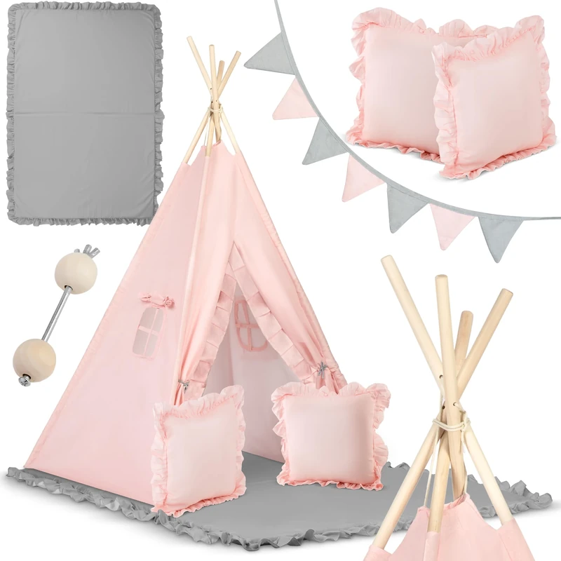 Nukido teepee wigwam kids tent with garland, cushions, large mat and stabilizer pink
