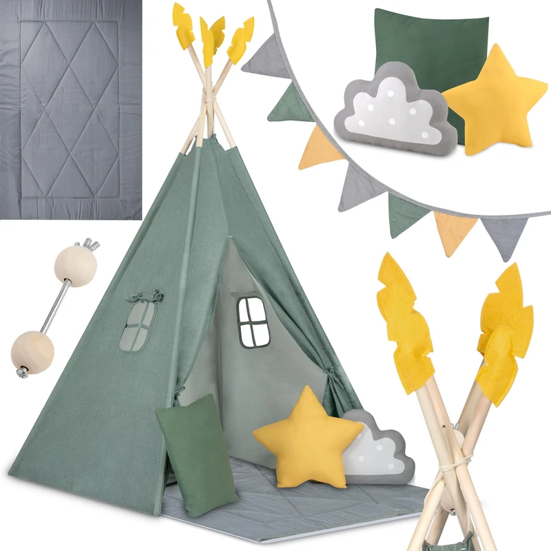 Nukido, Teepee Kids Tent green with garland, cushions, large mat, stabilizer