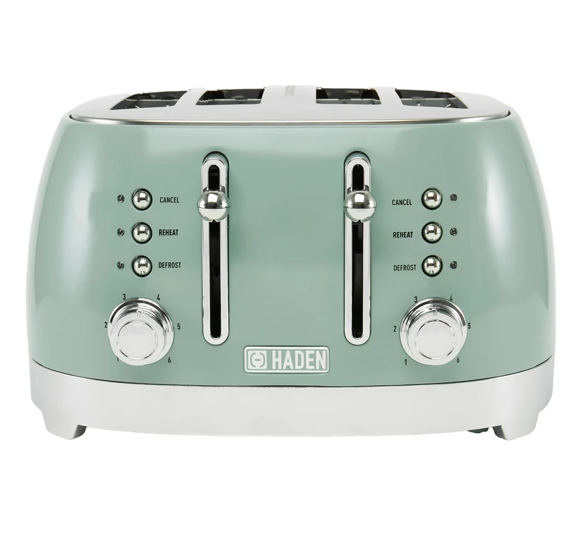 Haden Bristol Green 4 Slice Toaster - Extra Wide Slots, Dual Browning Control, Stainless Steel Housing with Sage Green Finish, For All Toast Preferences, Defrost, Reheat, and Cancel Functions