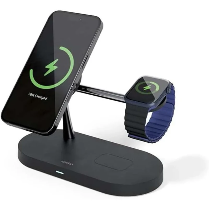 Spello 3 in 1 Magnetic Wireless Charging Stand, MagSafe Compatible, Charging for iPhone 15, 14, 13 & 12 series, Apple Watch & AirPods, with USB-A Charging Port, Black