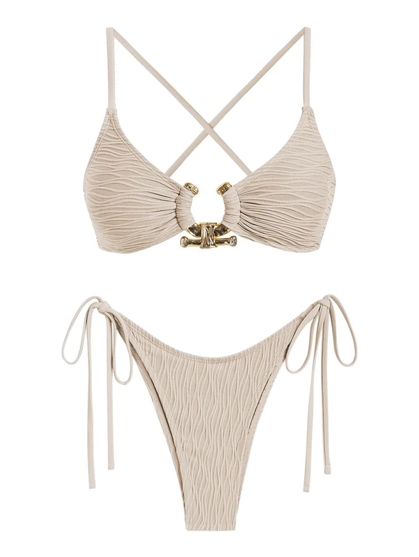 ZAFUL Women's Bikini Sets Ribbed Metal O Ring Criss Cross Two Piece Swimsuit Cheeky High Cut Side Tie Thong Bathing Suit, Light Coffee, S