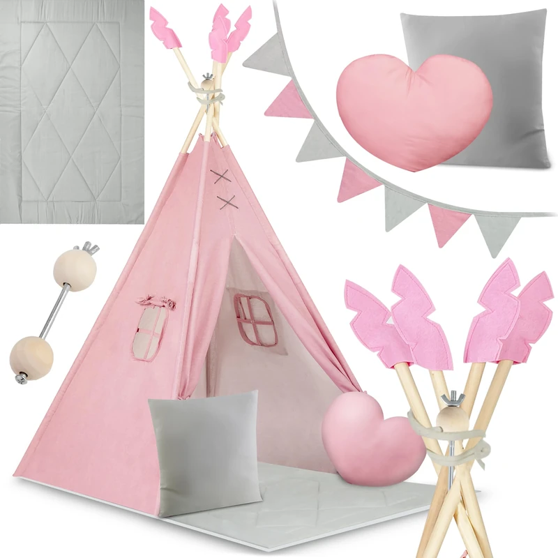 Nukido, Teepee tent pink with garland, cushions, large mat, stabilizer