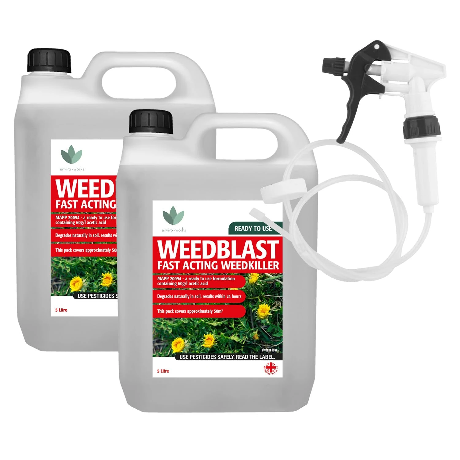 Weedblast Fast Acting Weedkiller 2 x 5 Litre with Long Hose Trigger (Ready to use), See Results Within 24 hours