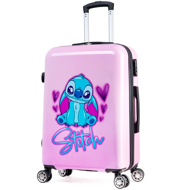 Disney Stitch Suitcase Hard Shell 66.5 x 45.5 x 25.5cm 50L Capacity 4 Wheels Handle Combination Lock Travel Essentials (Pink, M (L66.5cm x W45.5-50L)