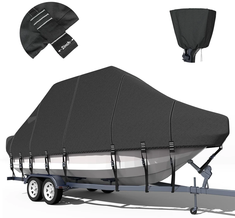 Nukugula Heavy Duty T-Top Boat Cover 900D Solution Dyed Trailerable T Top Boat Cover with 17 Windproof Straps Fit 21'-23' Long Beam Width Up to 106" Center Console Boat with T Top Roof