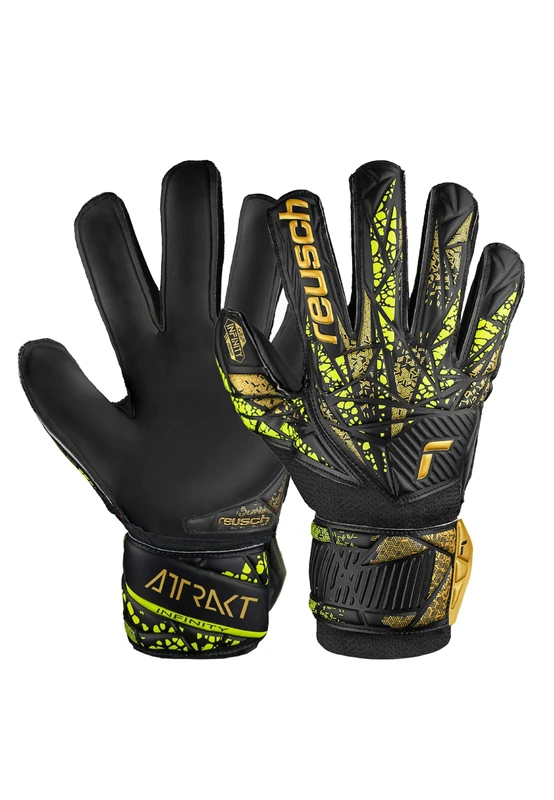 Reusch Attrakt Infinity Finger Support Junior Goalkeeper Gloves for Children, Ideal for Artificial Grass, Black/Gold/Yellow, 4