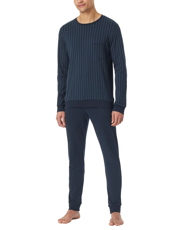 Schiesser Men's Schlafanzug lang wärmere Baumwolle - Fein Interlock Pajama Set, nachtblau_182025,